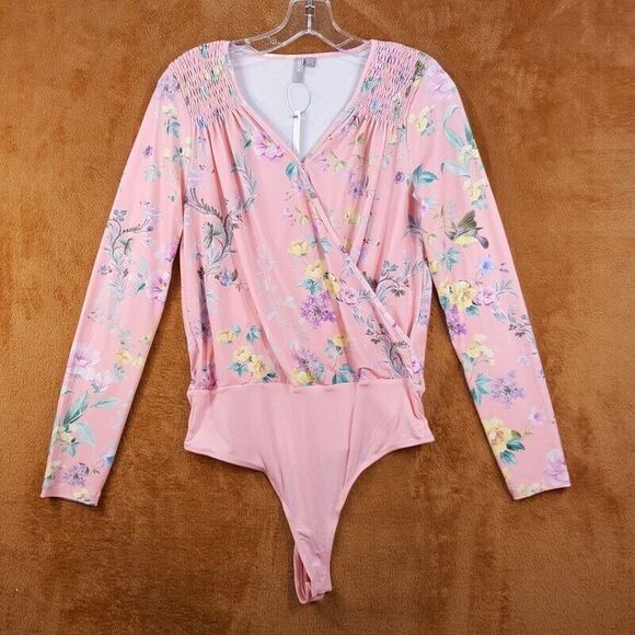 ASOS Womens Top Size 8 Pink Floral Bodysuit Long Sleeve VNeck Surplice Stretch - Picture 1 of 8